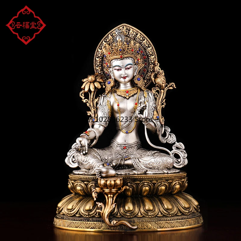 New Tibetan 5-inch green Tara Buddha statue 15 cm Tantra household offering bronze statue, silver-painted gold ornament