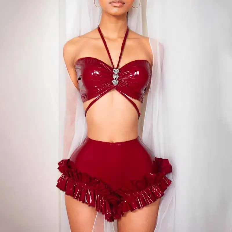 New Sexy Heart Hanging Neck And Chest Wrapped Mirror PU Leather High Waisted Shorts Set Nightclub Bar Leading Dance Stage Bikini