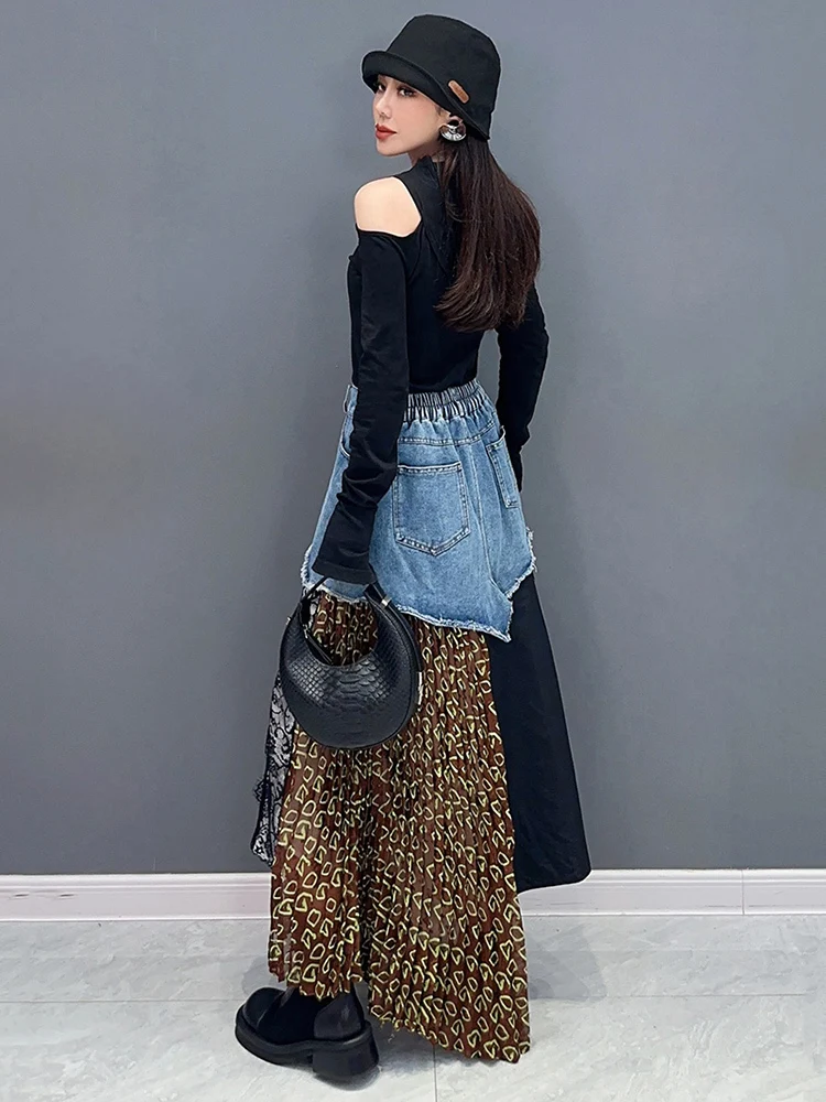 SHENGPALAE Denim Patchwork Skirt For Women Irregular Design Contrast Color A-line Ankle Length Skirts Spring 2024 New Tide R9378