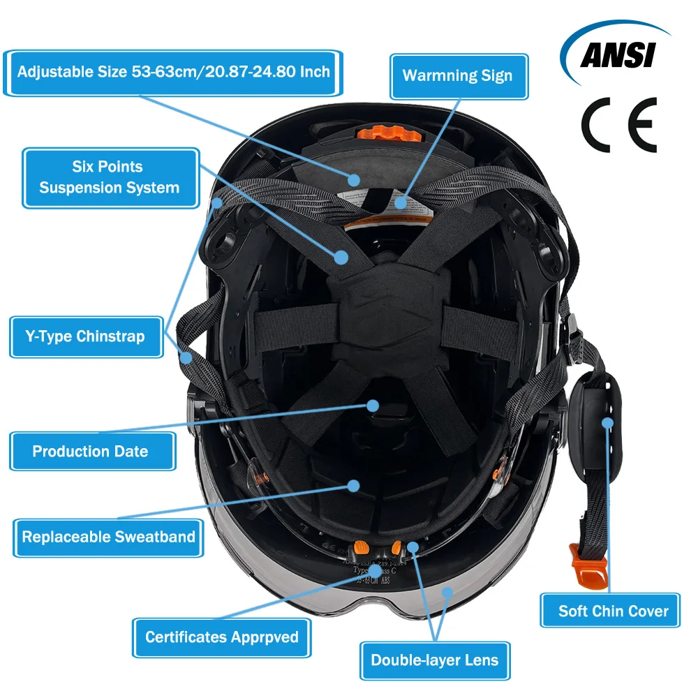 CE Construction Safety Helmet With Double Goggles ABS Hard Hat With Reflective Stickers Adjustable Ventilation Hardhat Work Cap