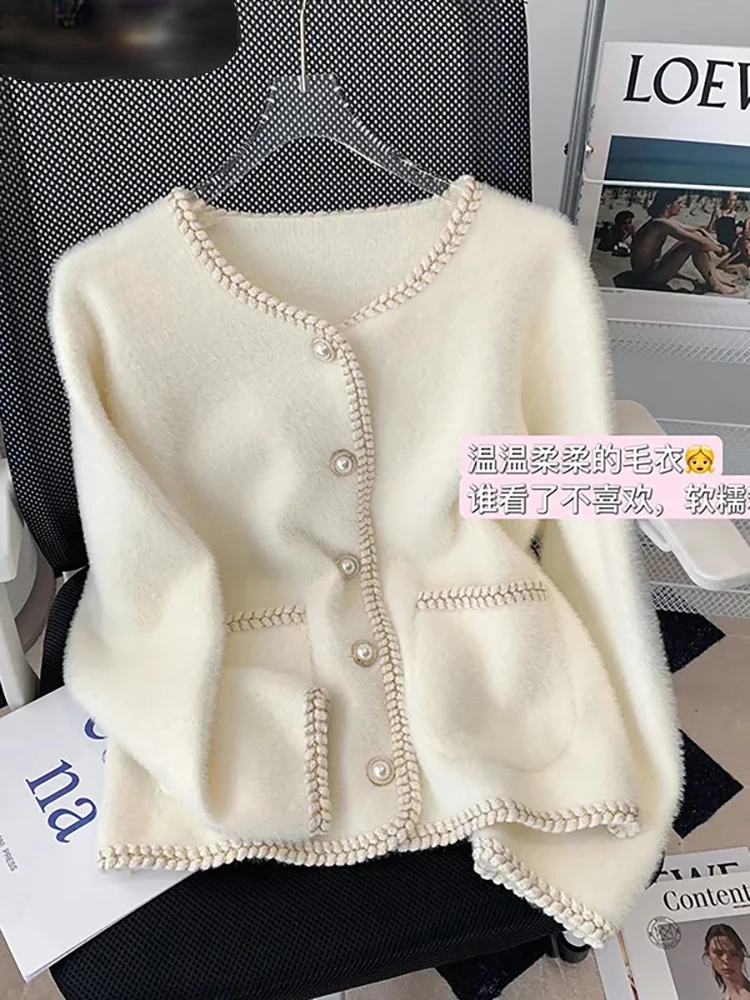 

Elegant Single-breasted Pearl Buttons Pocket Knitted Sweater Korean Fashion Loose Hit Color Imitation Mink Velvet N374