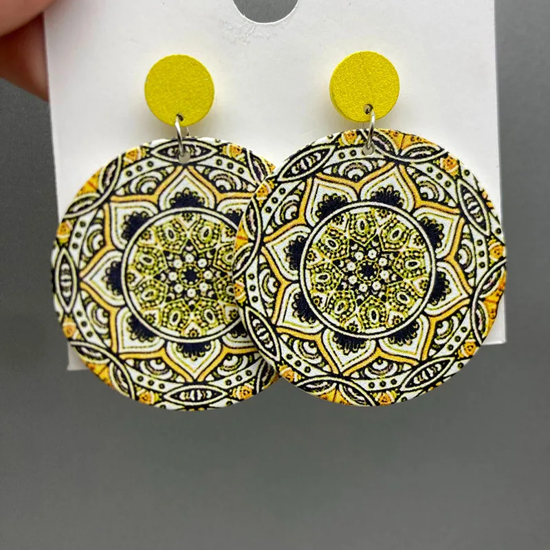 Ethnic Vintage Round Printed Wooden Earrings for Women Simple Muticolor Flower Pattern Drop Earring Daily Party Jewelry view 3