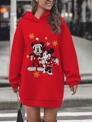 Christmas Disney Mickey Minnie print women's simple fashion autumn and winter hooded skirt loose dress sweatshirt