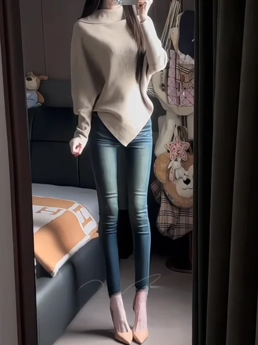 

Retro Waed Faded Slimming High Waist Nine-Piece Elastic Women's Jeans Cotton Stretch Denim Capri Pants Faionable Ladies