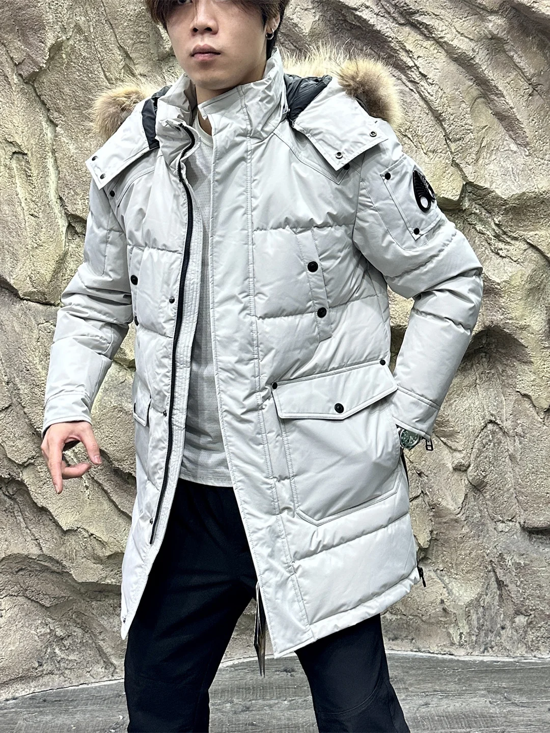 

Warmth Du down Jaet Men's Thiened Mid-Length Outdoor Winter Coat with Real Fur Collar All-Weather Long-Sve Zipper