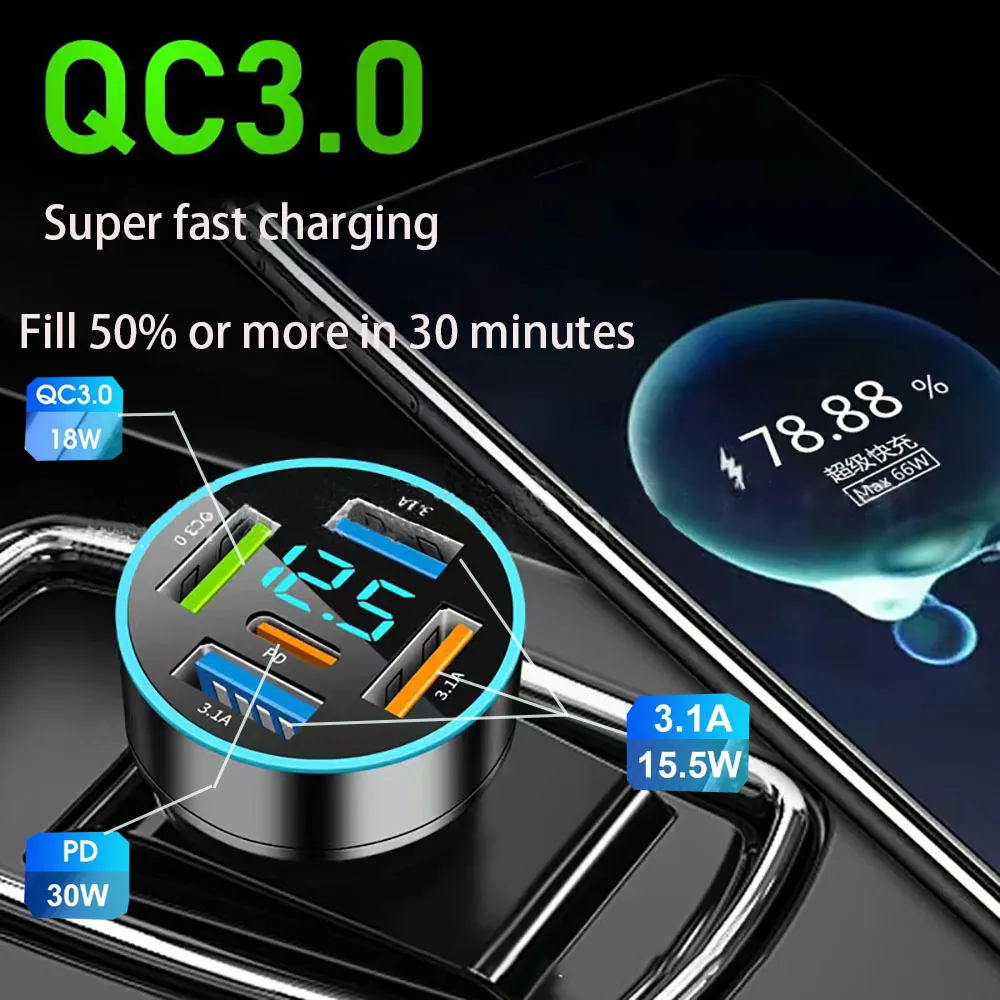 PD66W QC3.0 Car Charger, One to Four Fast Charge, Cigarette Lighter Socket, 5-Port Car Charger, Flash Charging with Digital Disp