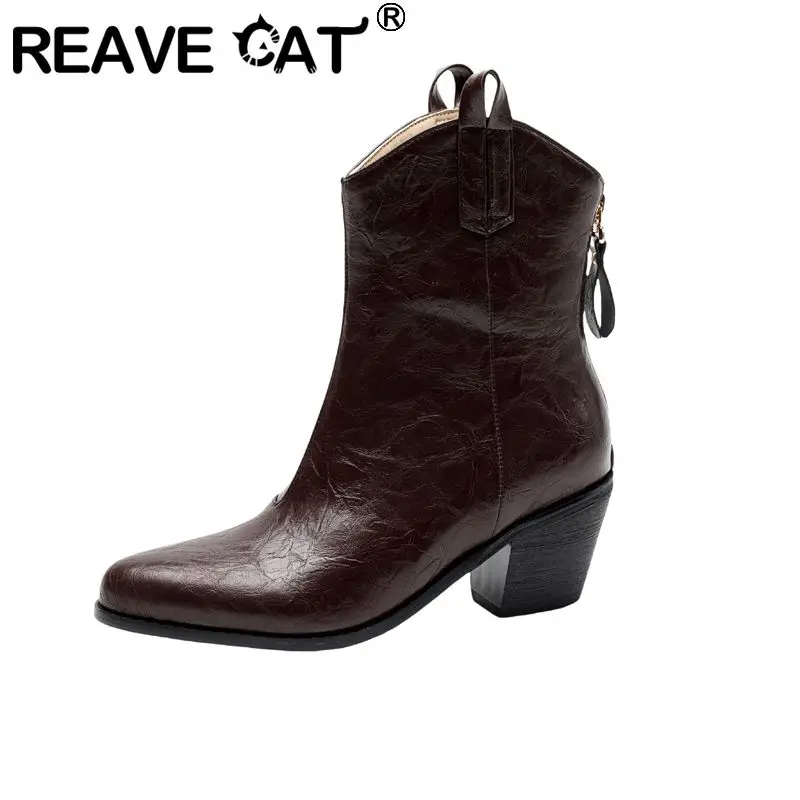 

REAVE CAT 2026 Женские ботинки для отдыха с острым носком на блочном каблуке 6 см 46 47 48 Модные женские ботильоны