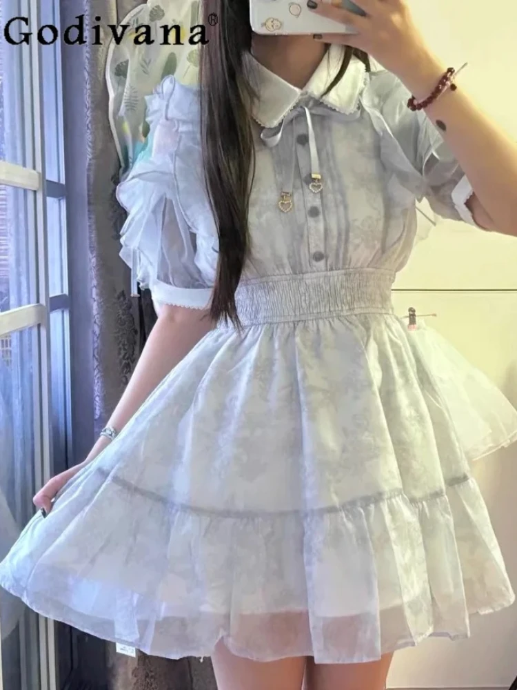 Large Size Sweet Ruffles Floral Short Sleeve Peter Pan Collar Dress Spring Summer Girl High Waist A-line Age Reduction Dresses