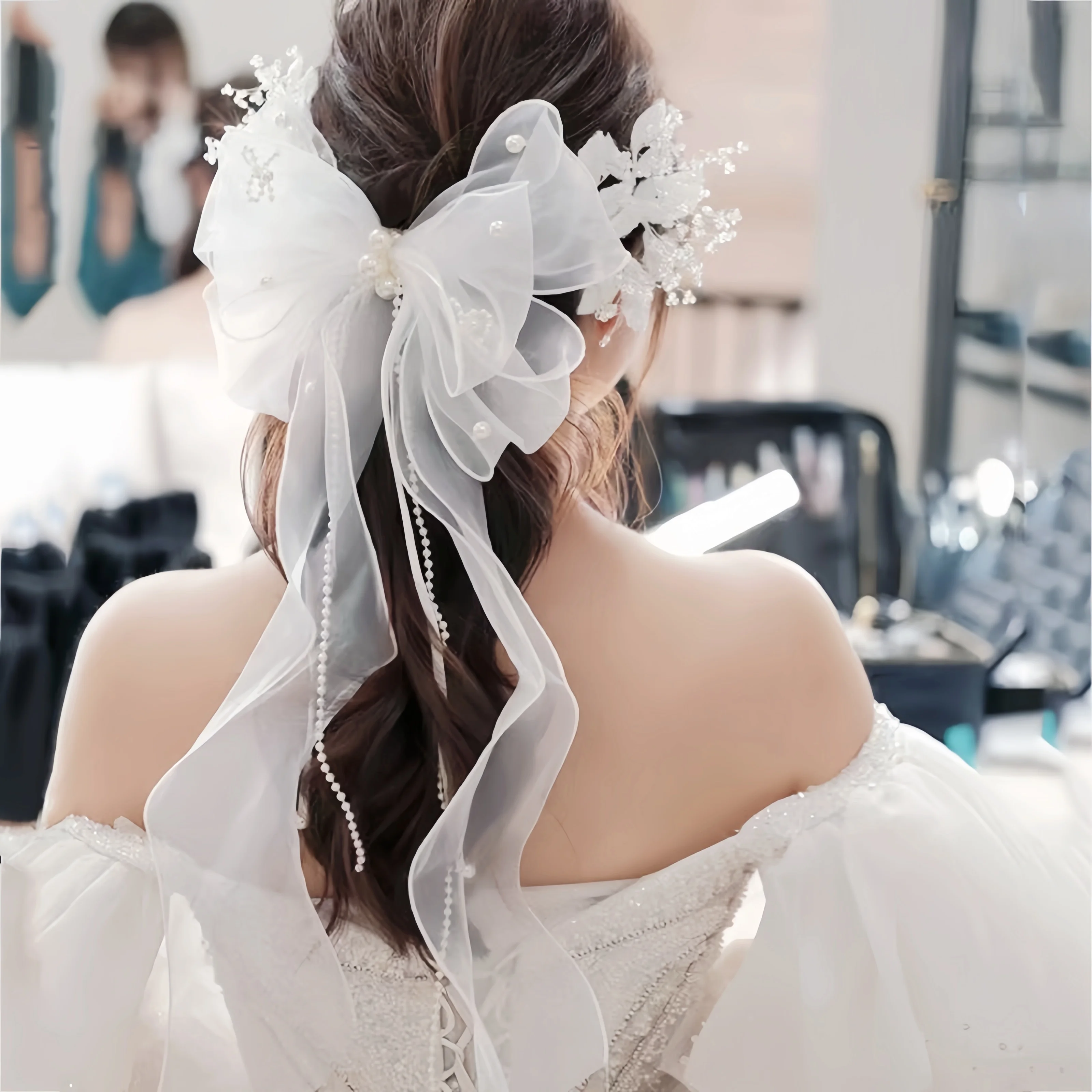 Langes Band Mesh Schleife Damen Haarspangen Elegante Perlen Haarbänder Weiße Mesh Haarnadeln Hochzeit Party Braut Haarschmuck
