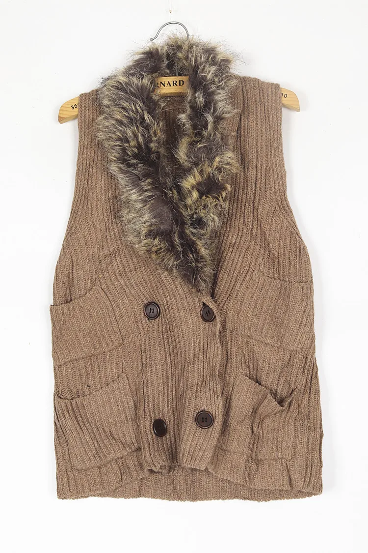 Vintage Strickweste mit Fellkragen, Abib Kaninchenfell, Hippie Desert Wanderer Y2K Street Style, Wärmeisolierend, Lang