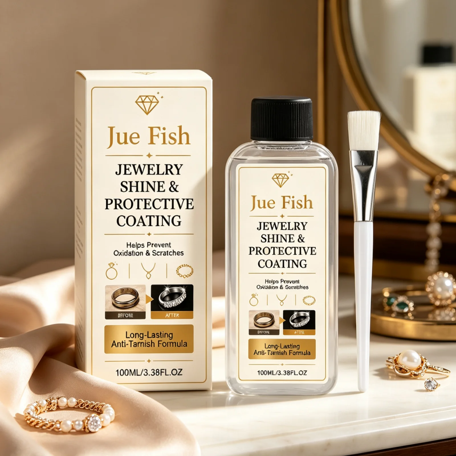 Jue Fish Jewelry Cleaner Mild Cleaning Boost Shine Remove Dirt Non Irritating Nourishing Jewelry Polish Liquid with Brush 100ml