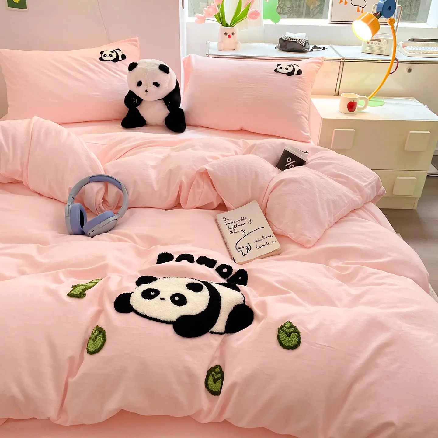 2026 New Korean Ins Pink Bedding Set, Soft Skin-friendly Cover Set Lovely Panda, Single Queen King for Bedroom Dormitory Decor