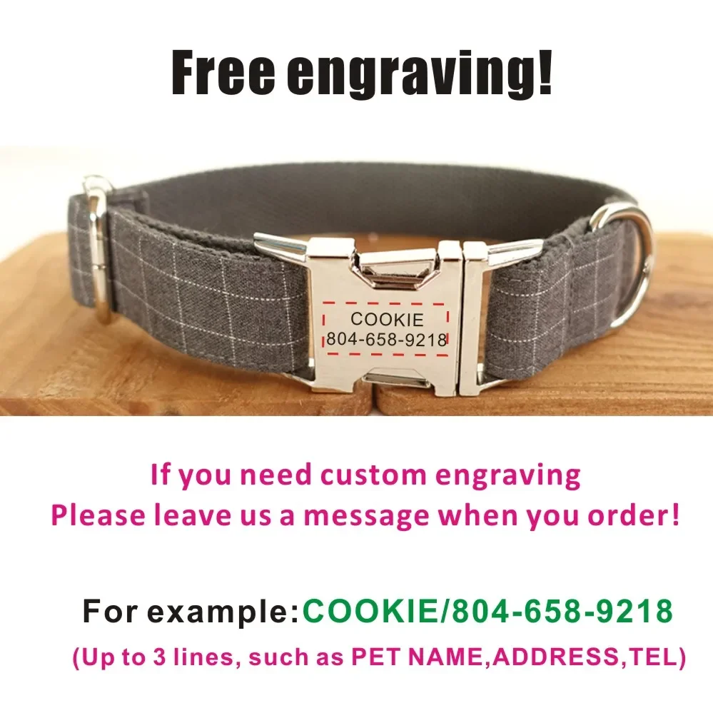 Personalized Dog Collar with Free Engraving, Matching Pet Leash,Customzied Contacts Metal Buckle,Grey Grid Pet Collar