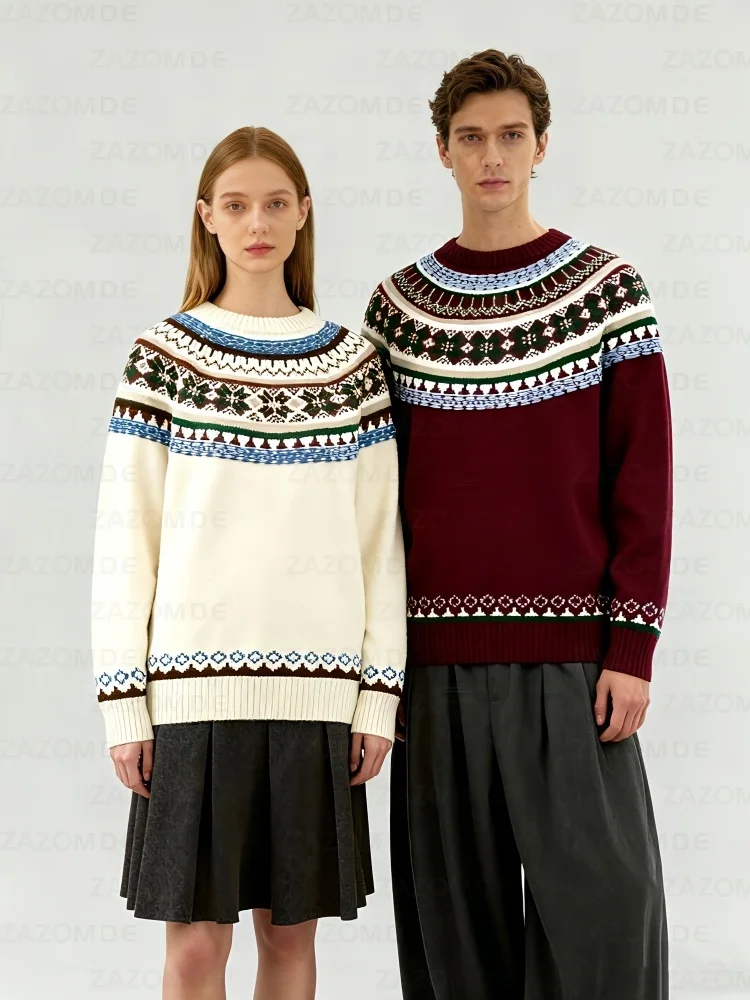 

ZAZOMDE 2025 Vintage Fair Isle Knit Sweater For Men Retro Inspired Color Block Design Soft Acrylic Blend Long Sleeve Pullover