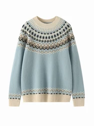 Damski sweter z kaszmiru w stylu vintage Faire Isle Mock Neck Pullover Jesień Zima 100% kaszmir Dzianina Gruby żakardowy sweter Tops