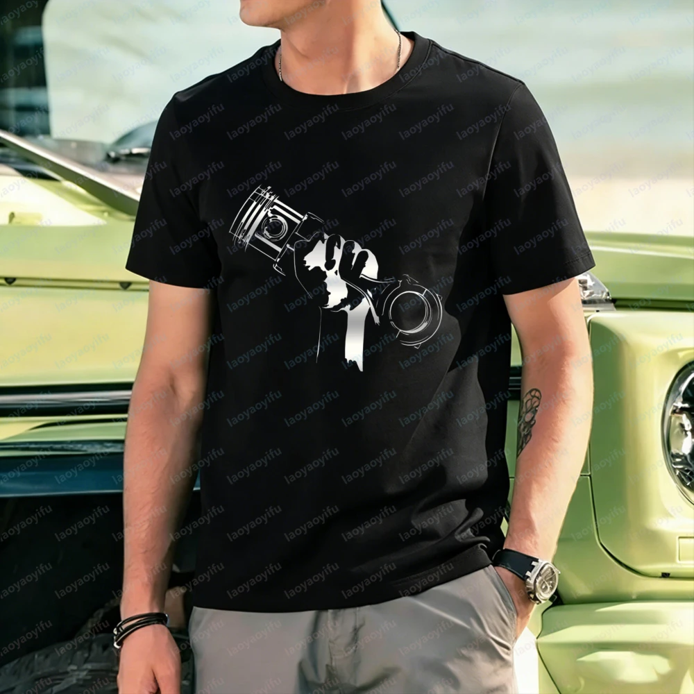 Strong Hand Holding Piston Art Shirt Fierce Car Enthusiast Cotton Tee Mechanic Summer Fashion Vintage Breathable Men's Clothing