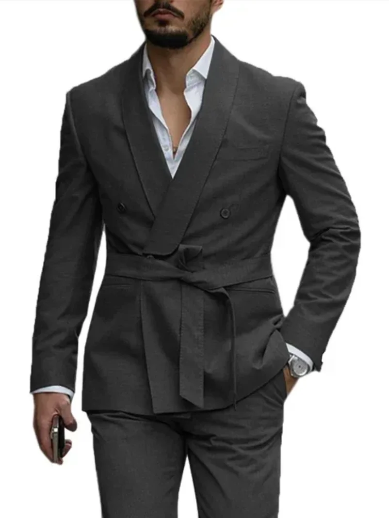 

2 Pcs Costume Homme Men Suits With Belt Shawl Lapel Wedding Prom Terno Masculino Slim Fit Groom Blazer Jacket+Pant