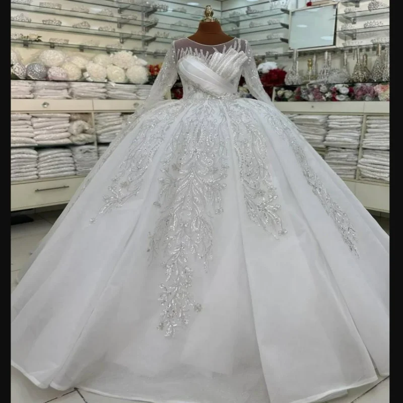 

Свадебное платье-баллон с индивидуальным дизайном, вырезом-лодочкой, блестящими бусинами и пайетками, со шлейфом, длинными рукавами, элегантное, Robe De Mariée