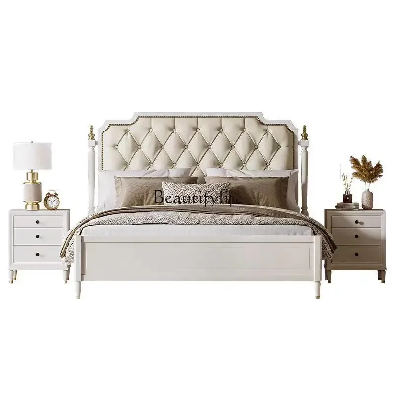 

*American solid wood bed 1.8 meters double wedding bed modern simple soft bag storage leather bed