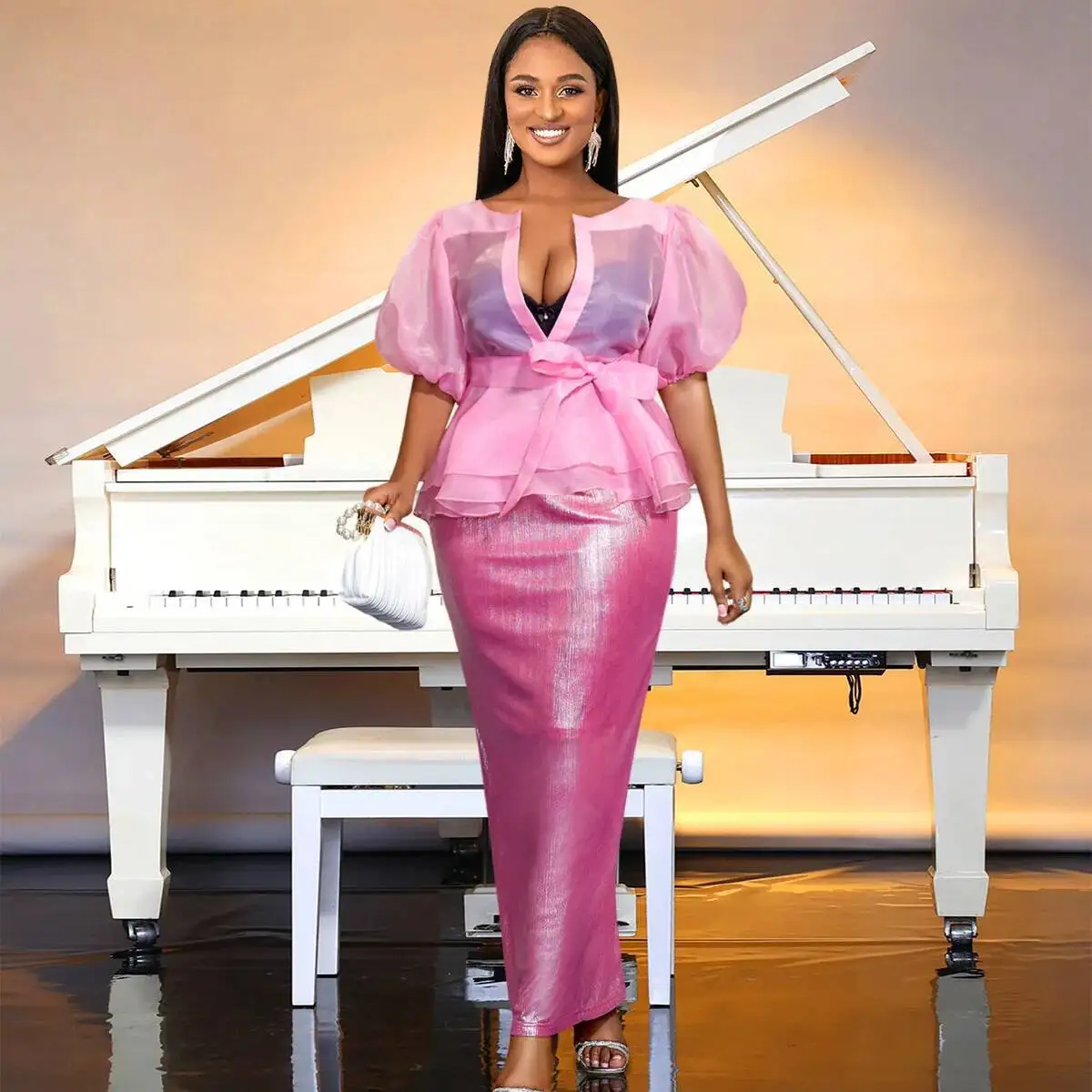 Ärmel Sexy Puff Sheer Bowknot Bluse Slim Fit, Figurbetontes Kleid Elegantes Zweiteiliges Set Designer 2025, Sommerkleid Robe Vestido Frauen