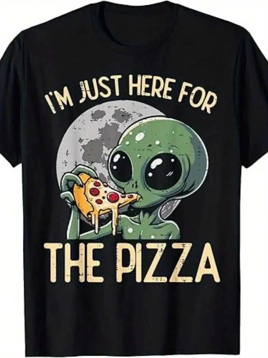 Men's Just Here For Funny Graphic T-Shirt Retro 80S Pop Culture Design With Green Alien And Pizza Slice Soft Breathable Fabric -