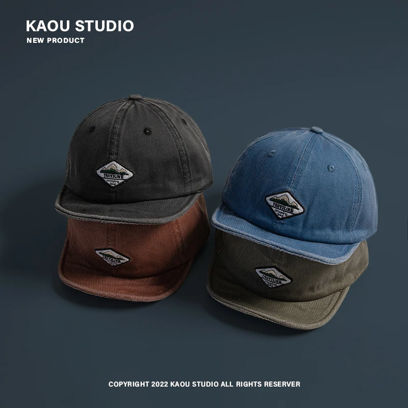 Short-Brimmed Hat Men\'s Washed Denim Soft Brim Peaked Cap Women\'s Style Distressed Patch Big Head Circumference Baseball Cap