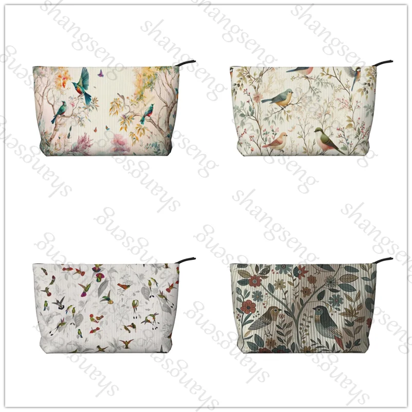 

Branch bird pattern Corduroy cosmetic bag toiletry storage bags ladies box luxury travel zipper storage bag