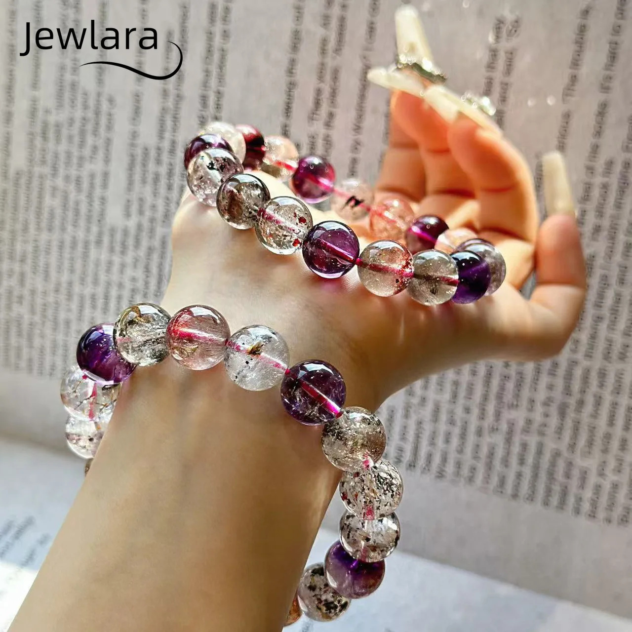 

Jewlara Bracelets Jewelry Natural 7A Ice Super Seven Round Bead Bracelet Purple Titanium Crystal Aurora Loose