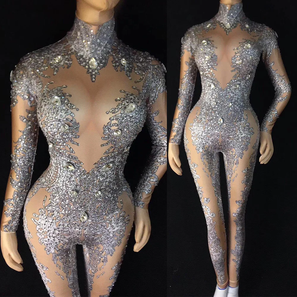 

2025 New Women Nude Sparkling Diamonds Skinny Bodysuits Acrobatic Jumpsuits Pole Dancing Drag Queen Costumes