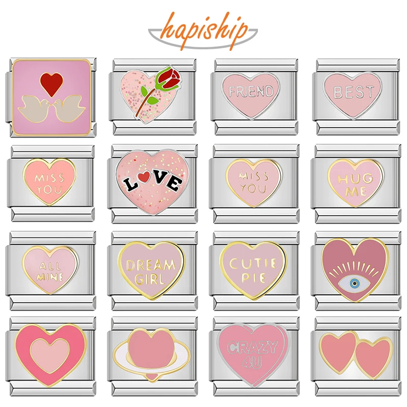 Hapiship 2024 Women\'s Pink Romantic Heart Cat Flower Italian Charms Links Beads Fit 9mm Stainless Steel Bracelet Jewelry ZH010
