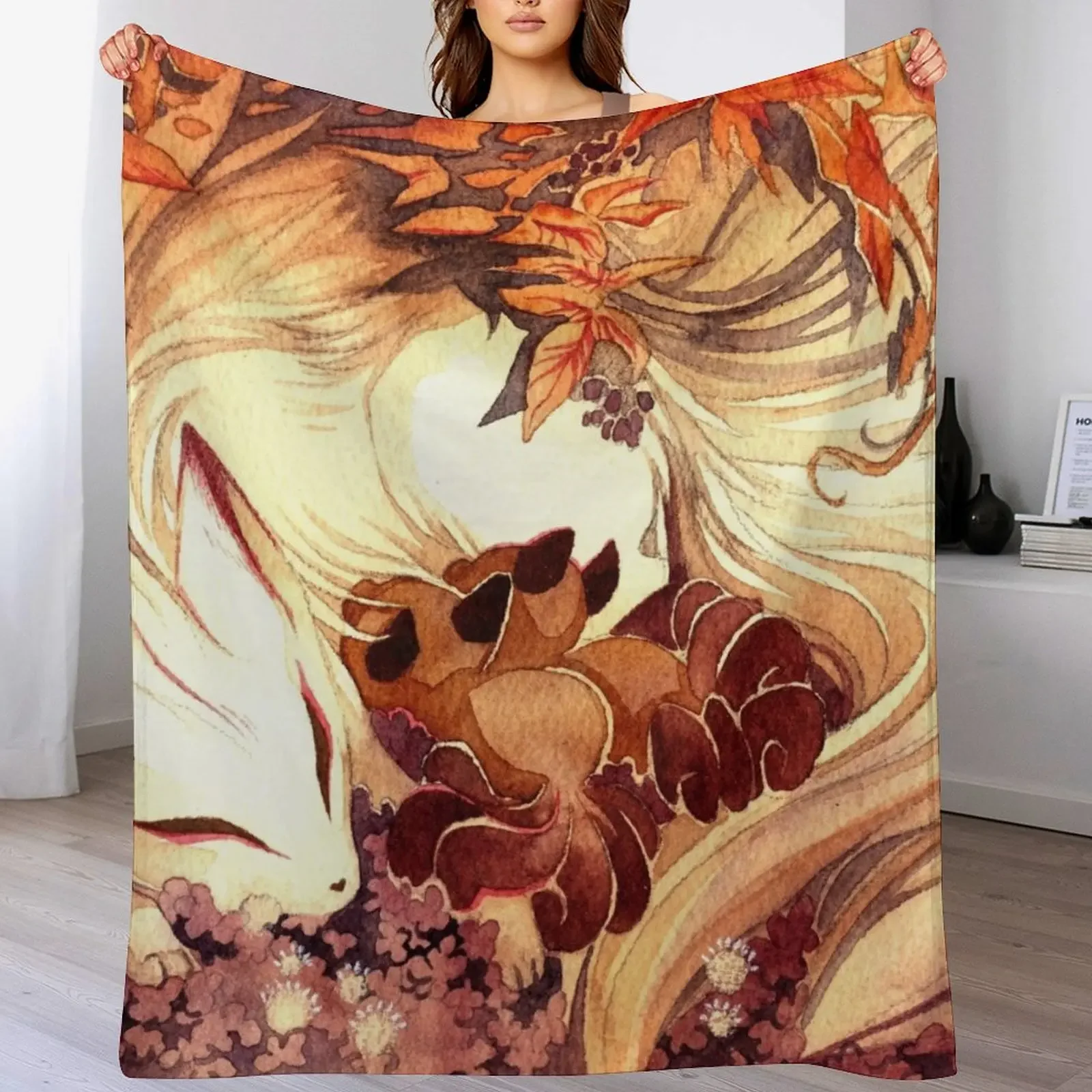 Ninetailed Kitsune Fox with Kits Throw Blanket Shaggy Giant Sofa Plaid Blankets