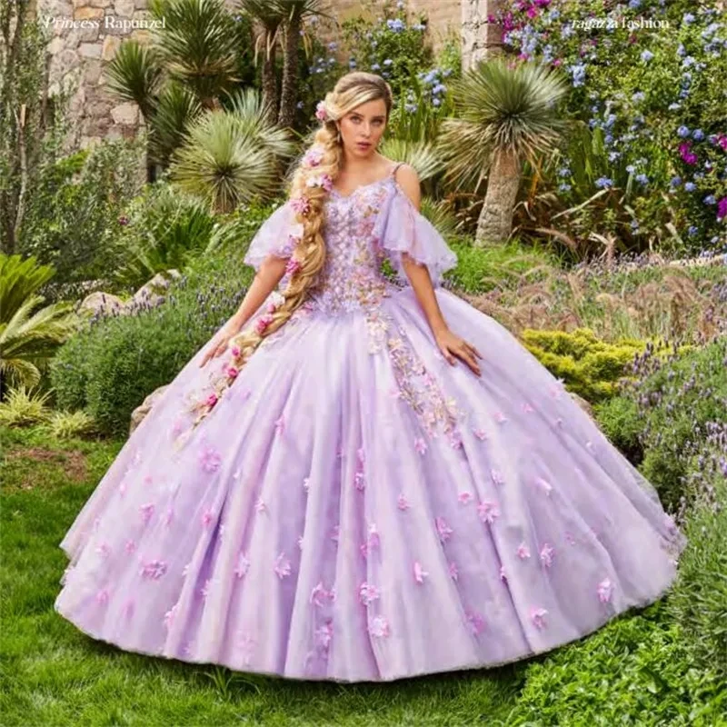 

Lilac Charro Quinceanera Dresses Ball Gown Spaghetti Straps Tulle Floral Pearls Mexican Sweet 16 Dresses 15 Anos