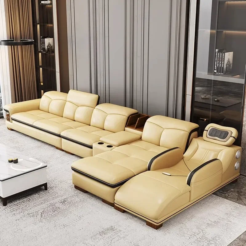 Luxury L-Shaped Genuine Leather Sectional Sofa with Bluetooth Speaker - Living Room Italian Leather Couch with Massage