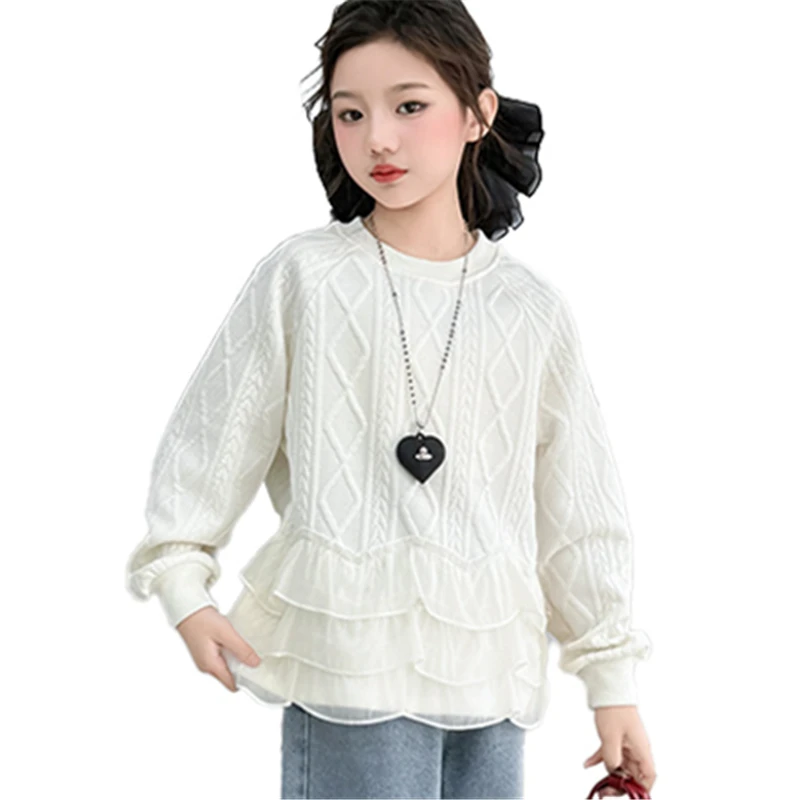 

New Design Kids Fashion Cable Knit Sweatshirt with Mesh for Teens Girls High Street Outfit Children Casual Hoodie Outerwear