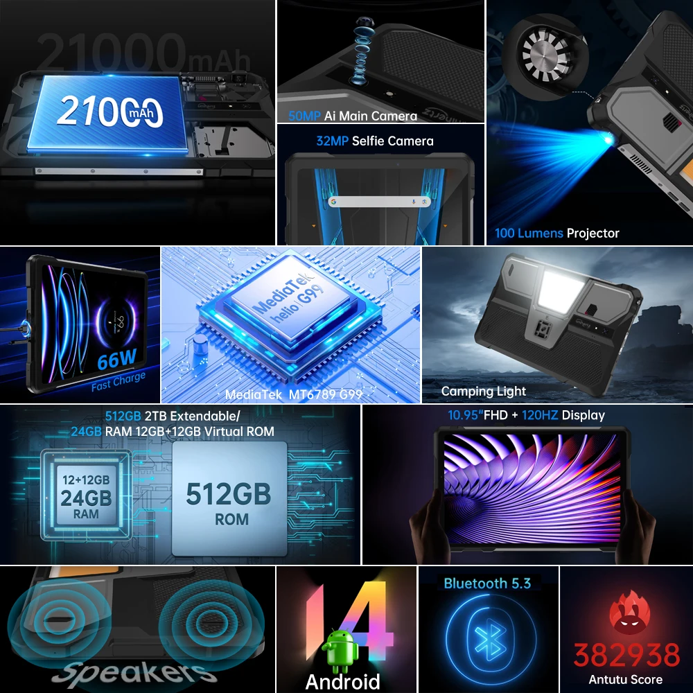 Unihertz 8849 TANK PAD E Rugged Projector Tablet Smartphone 10.95 inch 24GB 512GB 21000mAh 32MP 50MP Camera Android 14 Phone PAD