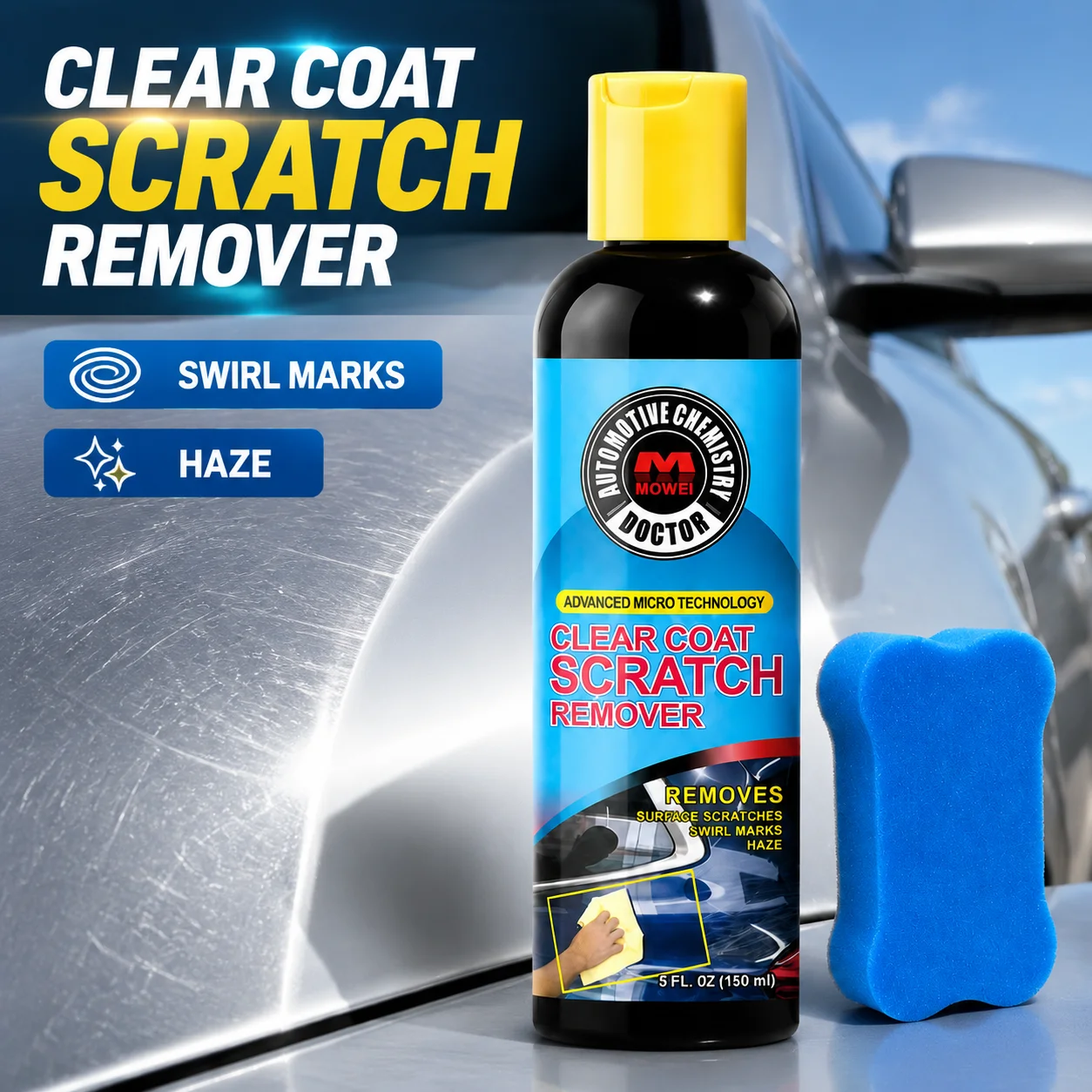 Clear Coat Scratch Remover 150ml with Sponge Car Paint Polish Swirl Marks Haze Surface Scratches Repair Shine