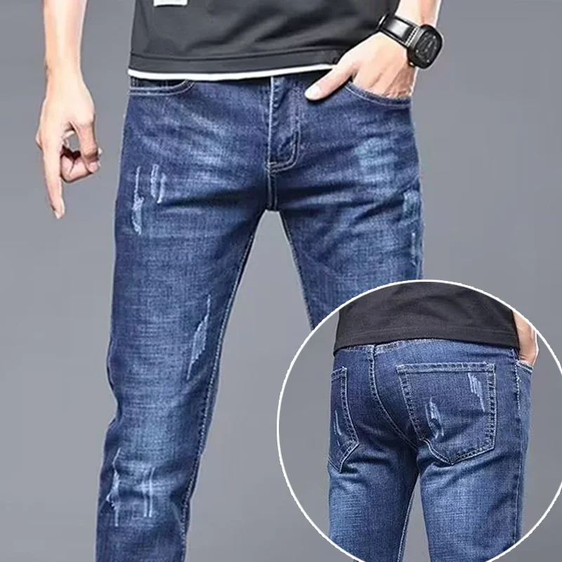 Men's Stylish Classic Business Casual Jeans Four Seasons Wear Black Blue Pants Middle-waist Leggings Denim Fabric Trousers Male