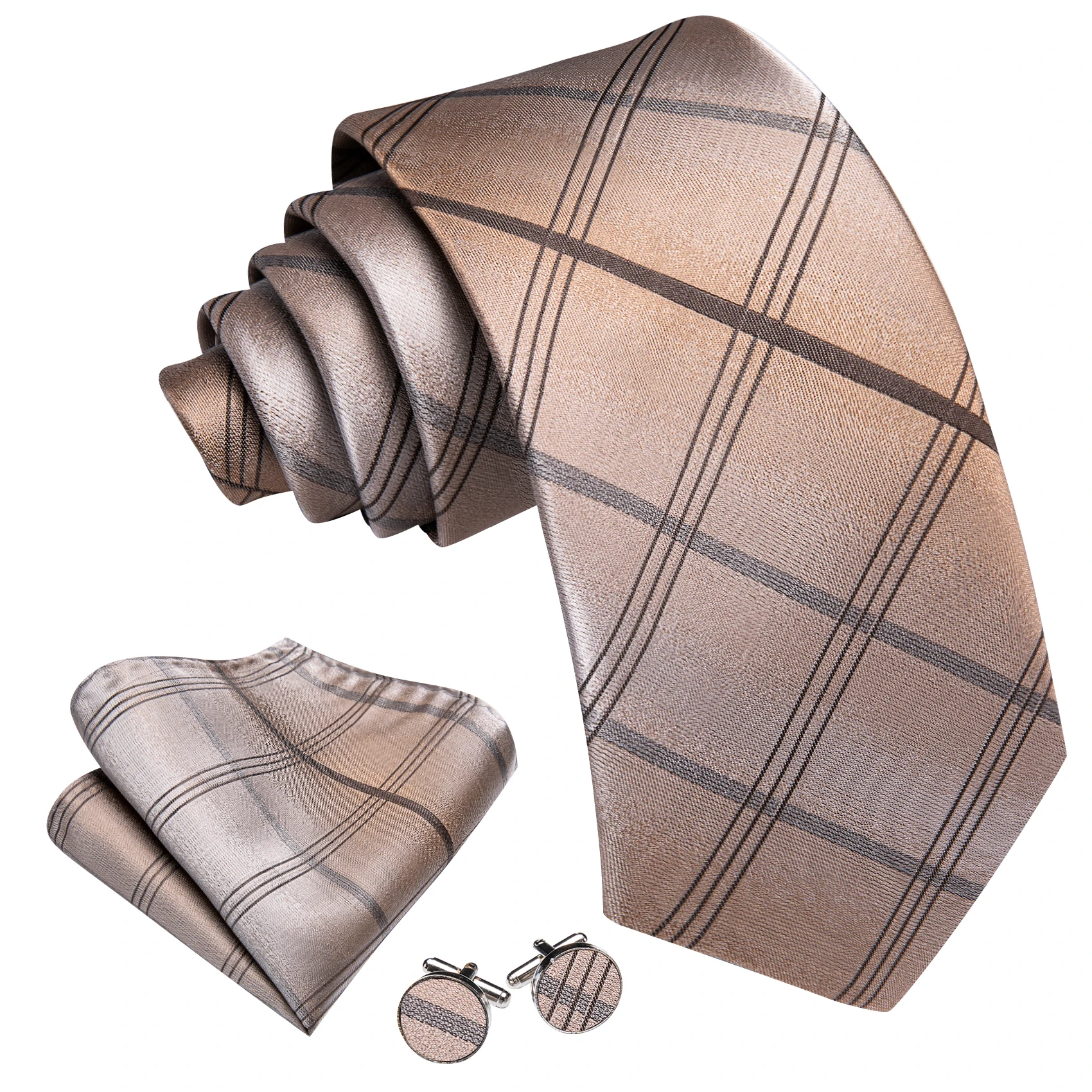 

Male Gift Silk Men Tie Set Brown Plaid Wedding Business Tie for Man Necktie Handky Cufflinks Barry.Wang