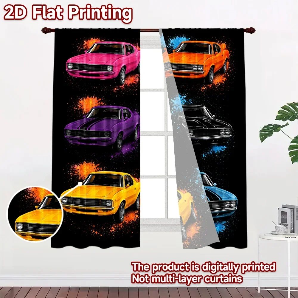 Decorative Vintage Car Curtains 2pcs Pair Muscle Auto Garage Print Curtains Panels for Living Room Home Decor Window Treatment