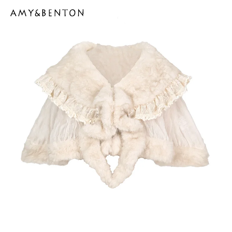 

Christmas Beige Eco-Friendly Women's Fur Cape Original Design Ponchos 2025 Winter New Lace Splicing Sweet Shawl Coats Ladies