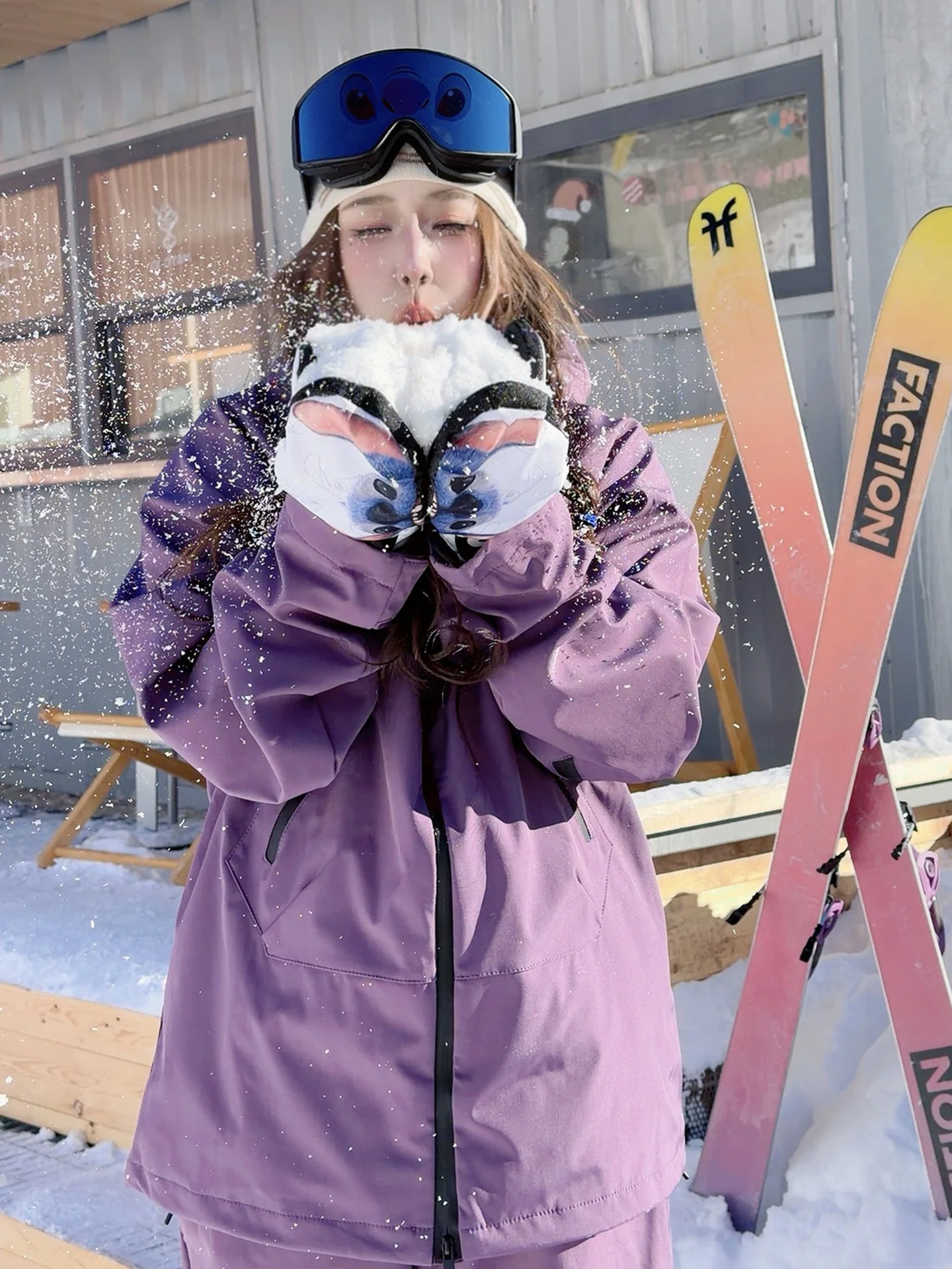 Traje de esquí americano morado cortavientos de forro polar para hombre y mujer, conjunto de ropa impermeable para snowboard y actividades al aire libre para jóvenes.