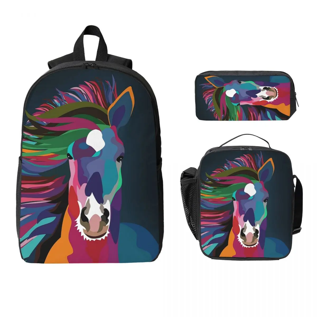 Mochila para correr con forma de caballo, mochila escolar para estudiantes, niños y niñas, bolsos de hombro para ordenador portátil, bolsa de almuerzo con aislamiento de 3ps, estuche para lápices
