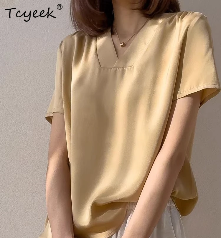 

Tcyeek 26MM 93% Mulberry Silk Elegant T-Shirt for Women Clothes Spring Summer T Shirts Short Sleeve Womens Tops Футболка Женская
