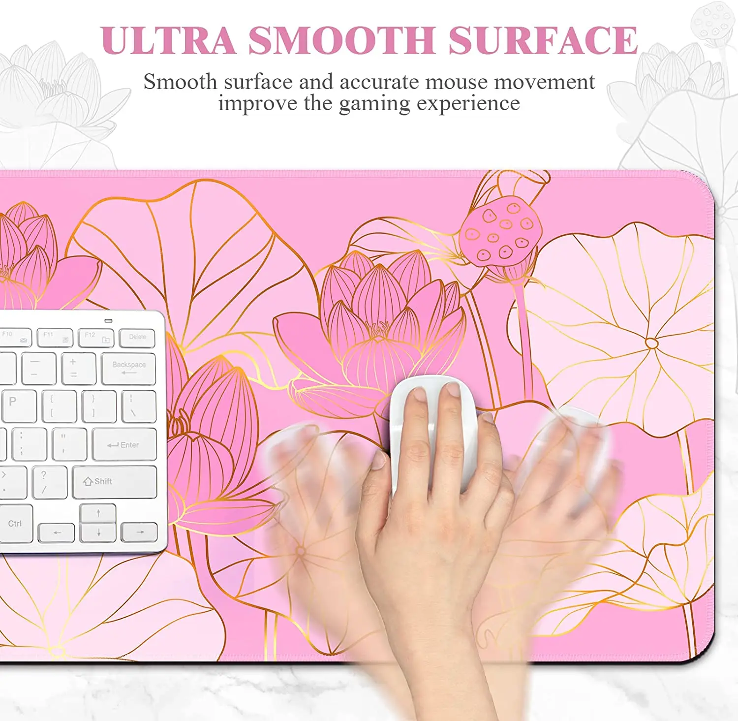 Big Mouse Pad 31.5X11.78 in Non-Slip Natural Rubber Base Large Mouse pad Comfortable Lycra Cloth Extended Mouse Pad Pink Lotus