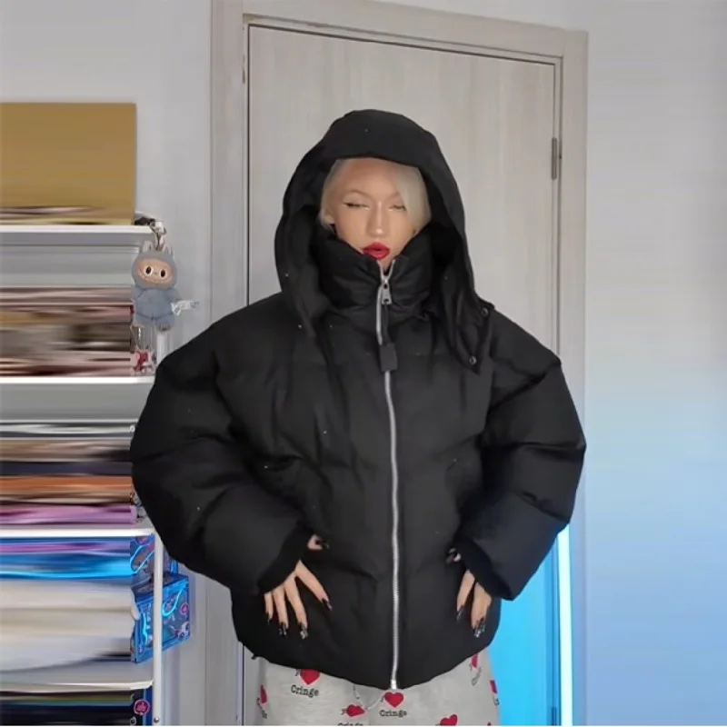 Winter Loose Women's Down Jacket Stylish Hotfix Rhinestone Zipper Padded Coat Thicken High Collar Hooded Outwears 2025 New Coats