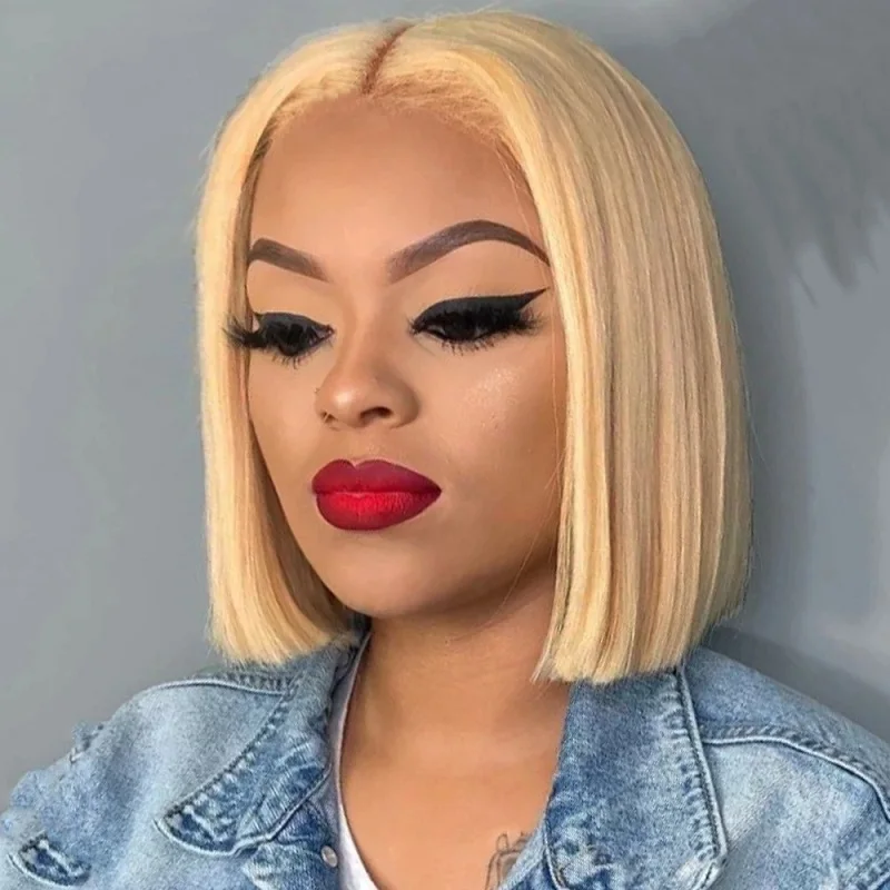 ブロンド13x4 HDレースフロントウィッグ ボブウィッグ 人毛 613 レースフロントウィッグ 人毛 200%密度 生え際ベビーヘア付き