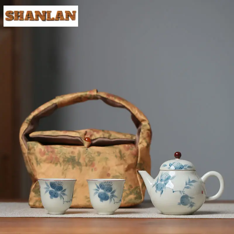 

Hand Drawn Blue White Pomegranate Tea Set Kit Japanese 1 Pot 2 Cups Tea Making Portable Kung Fu Tea Set Supplies Decoration Gift