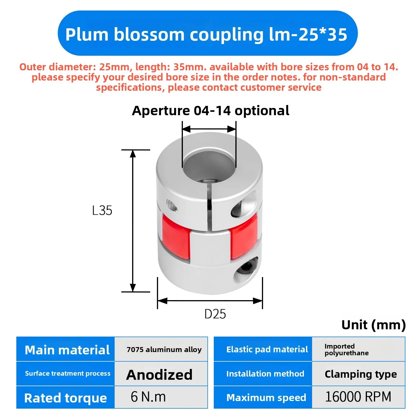 D25L35 Jaw Shaft Couplers Aluminium Flexible Spider Plum Servo Motor CNC Couplers 5-14mm Elastic Coupling