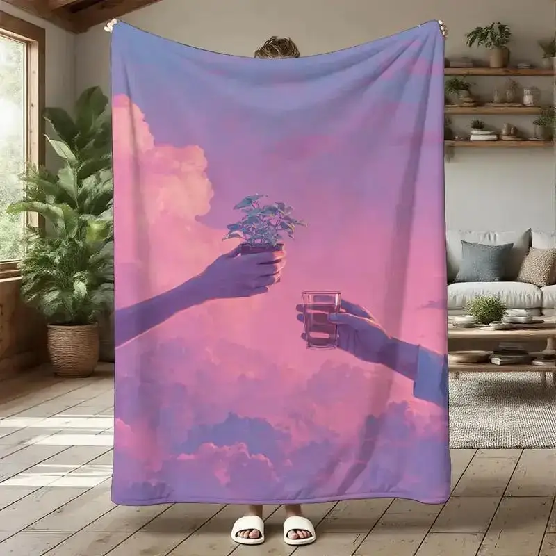 Pink Sky Clouds Fleece Blanket Hand Holding Plant and Glass Art Soft Cozy Throw Home Decor for Living Room or Bedroom Gift