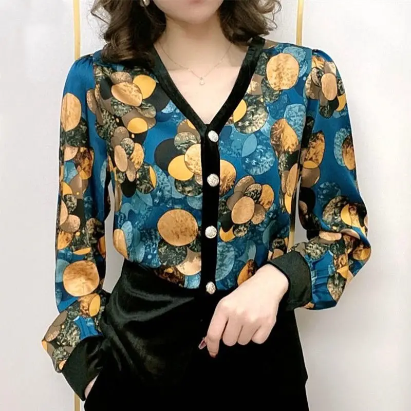 

Elegant Vintage Polka Dot Printed Shirt Spring Autumn Stylish V-Neck Single-breasted Women's Clothing Patchwork Loose Blouse New